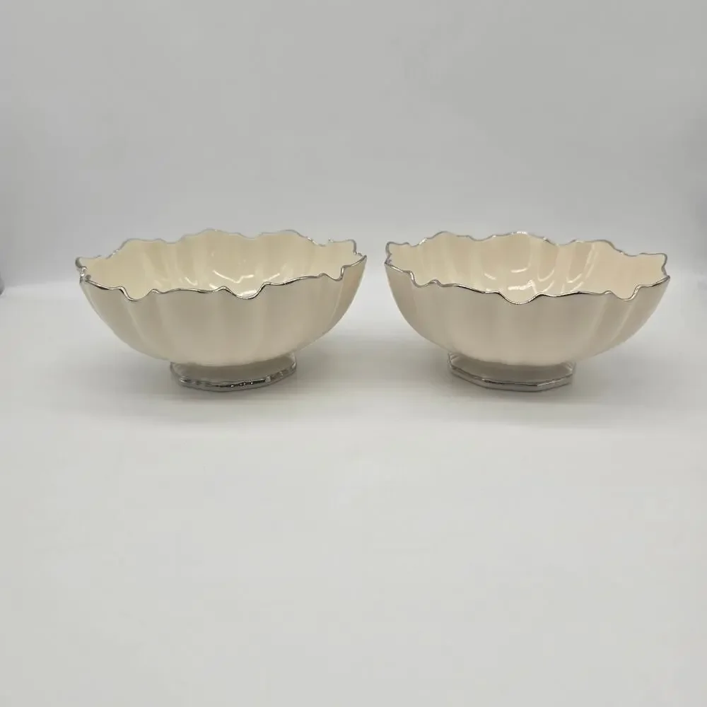 Lenox Symphony Sculpted Pedestal Bowls Platinum Trim Set of 2 USA Candy Nut